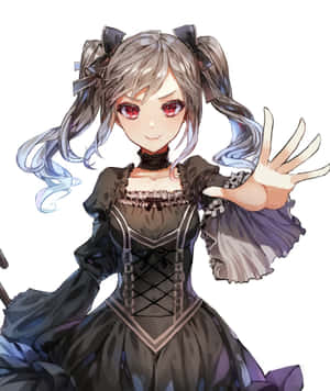 穿著哥德式連衣裙的動漫女孩，灰色頭髮和紅色眼睛在揮手。 — Pixel Fold 壁紙