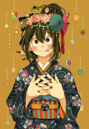 動漫女孩穿著傳統和服，帶有花卉圖案和漂浮裝飾物，金色背景。 — 日本動漫 壁紙