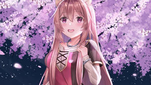 夜晚櫻花樹下，粉紅色頭髮和貓耳朵的動漫女孩 — 櫻島麻衣 壁紙