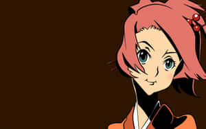 粉紅色頭髮和綠色眼睛的動漫女孩穿著傳統服裝微笑。 — 混沌武士 壁紙
