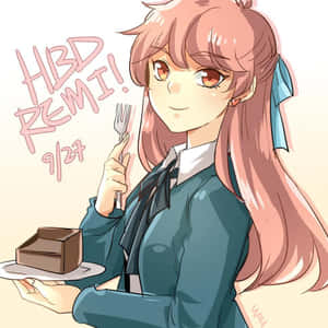 穿著校服的動漫女孩拿著蛋糕和叉子慶祝生日。 — 可愛動漫女孩 壁紙