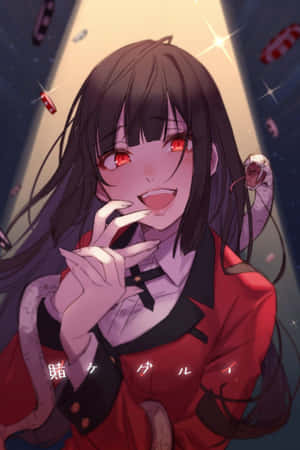 紅眼睛的動漫女孩在宇宙場景中微笑著拿著一支煙。 — 動漫 壁紙