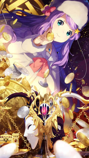 紫色頭髮的動漫女孩手持金幣，被落下的金幣和金色裝甲人物包圍。 — 佐助 須佐能乎 壁紙