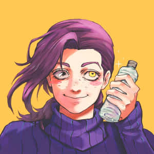 紫色頭髮和異色瞳的動漫女孩拿著一個水壺。 — 超讚動畫 壁紙