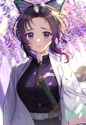 動漫女孩，蝴蝶耳朵和劍，在紫色紫藤花下。 — 鬼滅之刃 壁紙