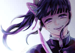 動漫女孩，紫色頭髮和蝴蝶髮夾，微笑著拿著發光的劍。 — 鬼滅之刃 炭治郎 壁紙