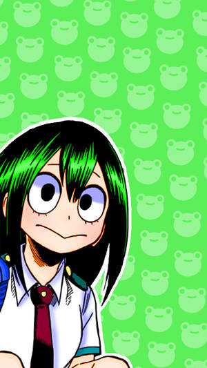 綠色頭髮的動漫女孩穿著校服，背景是綠色青蛙圖案 — 可愛動漫女孩 壁紙