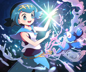 動漫女孩和藍色寶可夢在太空中創造水魔法 — 水 壁紙