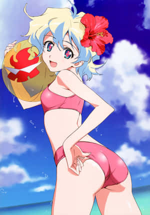 動漫女孩穿著粉紅色比基尼，在陽光明媚的海灘上，藍天白雲下拿著排球。 — iPad Air 11 壁紙