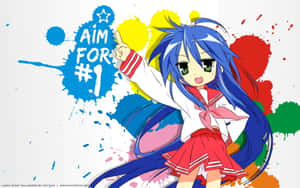 穿著校服的動漫女孩向上指，帶有 'AIM FOR #1' 文字和彩色油漆飛濺。 — 可愛動漫女孩 壁紙