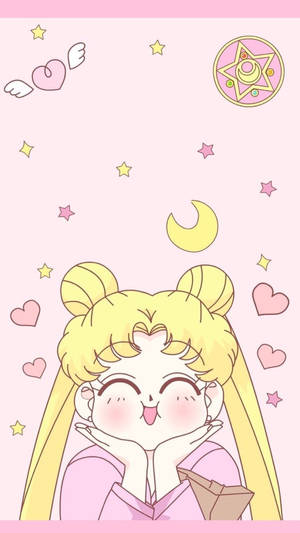 金色雙馬尾的動漫女孩雙手托腮微笑，被星星、心形和彎月環繞。