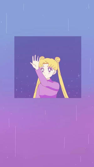 動漫女孩在紫色雨夜星空下從窗戶揮手