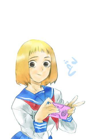 穿水手服的動漫女孩微笑拿著粉紅色相機 — Galaxy Tab S9 壁紙
