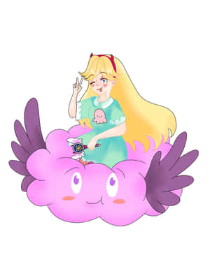 金髮動漫女孩坐在有紫色翅膀的粉紅色雲朵上，做出和平手勢。 — 星蝶公主 壁紙