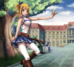 動漫女孩在校舍前拿著金色鑰匙。 — 仙女美學 壁紙