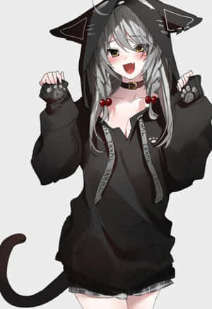 動漫女孩穿著黑色貓連帽衫，銀色頭髮和尾巴 — 可愛動漫女孩 壁紙