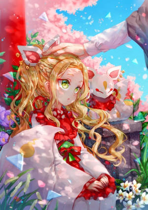 長著狐狸耳朵和綠色眼睛的動漫女孩被櫻花環繞，一隻手撫摸她的頭。 — 可愛動漫女孩 壁紙