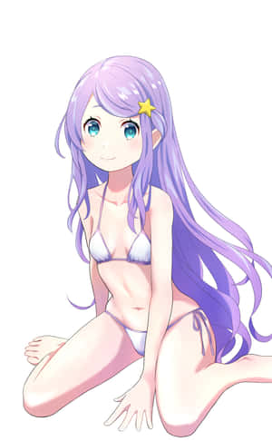 紫色頭髮和星星髮夾的動漫女孩穿著白色比基尼。 — Pixel Tablet 壁紙
