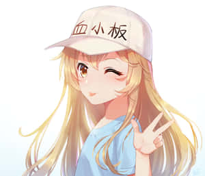 金發動漫女孩戴帽做出和平手勢