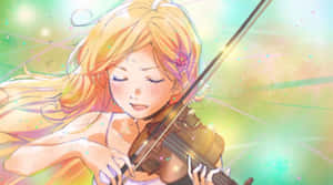 動漫女孩在發光的彩色背景和閃爍中拉小提琴。 — 四月是你的謊言 壁紙