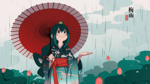 動漫女孩穿和服在雨中花園撐紅傘，有蓮花。 — 日本動漫 壁紙