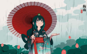 動漫女孩穿和服在雨中蓮花池場景中撐紅傘。 — 蛙吹梅雨 壁紙
