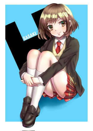 穿著校服的動漫女學生交叉雙腿坐在黑色背景前，名字是Sasaki。 — 佐助 須佐能乎 壁紙