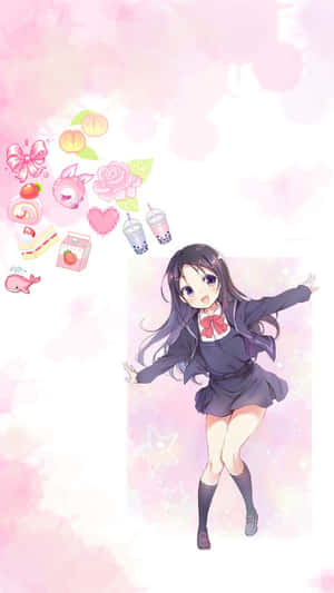 穿著校服的動漫女孩，周圍漂浮著糖果和花朵在跳舞。 — 動漫 壁紙