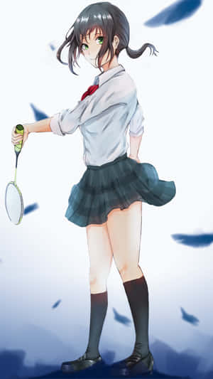 動漫女孩穿著校服，拿著羽毛球拍，羽毛飄浮。 — 羽球 壁紙