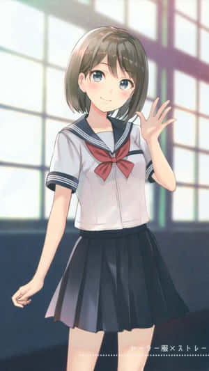 動漫女孩穿著水手服在明亮的窗邊揮手。 — 動漫 壁紙