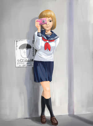 動漫女學生穿著水手服，拿著粉紅色相機，靠著普通牆壁。 — iPad Pro 13 壁紙