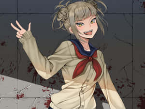 動漫女孩穿著校服微笑並比出和平手勢，她身後的牆上有血跡 — トガ 壁紙