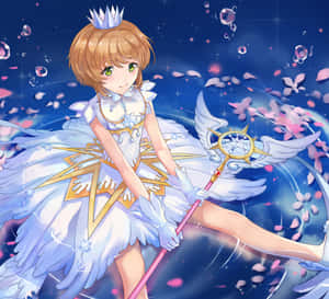 動漫女孩穿著白色魔法連衣裙，有翼和漂浮花瓣，手持杖。