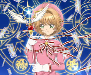 動漫女孩穿著粉紅色服裝，手持發光魔杖，伴隨著漂浮的卡片和金色符號。 — 庫洛魔法使 壁紙