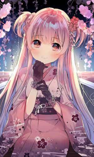 動漫女孩穿著粉紅色和服在櫻花下微笑。 — Infinix Xpad 20 Pro 壁紙