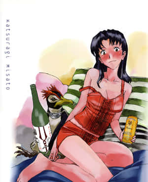 動漫女孩穿著紅色內衣，與一隻拿著瓶子和啤酒罐的企鵝一起休息。 — Apple Watch Ultra 壁紙