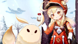 動漫女孩穿著紅色冬季裝備，在雪森林中微笑站在毛茸茸的白色生物旁邊。 — 可愛動漫頭貼 GIF 壁紙