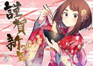動漫女孩穿著紅色和服，用筷子吃湯來慶祝新年。 — 日式審美桌面 壁紙