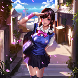 動漫女孩穿著校服，在陽光明媚的小巷中，在櫻花下敬禮。 — 可愛動漫女孩 壁紙