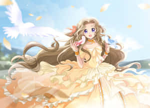 穿黃色連衣裙的動漫女孩抱著鴿子，天空中有落葉和鳥兒。 — 明亮 壁紙