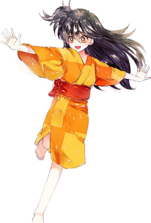 動漫女孩穿著橙色和服，頭髮飄揚，笑容燦爛地跳舞。 — 乾淨 壁紙