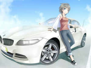動漫女孩在陽光明媚的日子裡，在一輛白色BMW跑車旁擺姿勢。 — 動漫汽車 壁紙