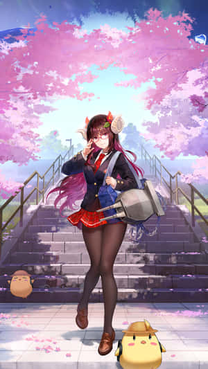動漫女學生穿著校服與鳥同伴一起走下櫻花樓梯。 — 可愛動漫女孩 壁紙
