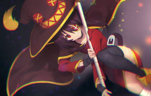 動漫女巫穿著紅金色服裝，在彎月和星星下拿著法杖。 — 惠惠 壁紙