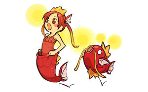 動漫美人魚和魚，背後有黃色太陽 — 動畫女孩 壁紙