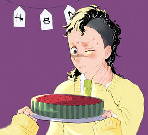動漫角色在生日橫幅下拿著西瓜蛋糕 — 惡魔男孩 動漫 壁紙
