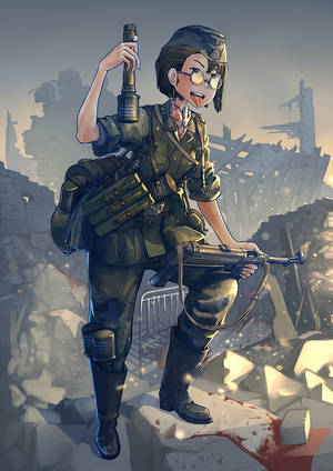 動畫士兵穿著軍裝，在廢墟城市中手持步槍和手榴彈微笑。 — 戰爭動圖 壁紙