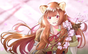 春天裡，有狐狸耳朵的動畫女孩拿著櫻花。 — 拉芙塔莉雅 壁紙