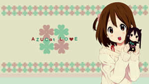 動畫女孩抱著貓咪玩偶，帶有花卉邊框和「AZUCat LOVE」文字。 — 日向雛田 壁紙