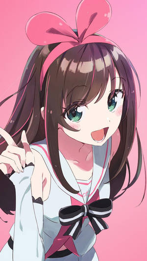 動畫女孩，棕色頭髮和綠色眼睛，戴著粉紅色蝴蝶結和水手服微笑。 — 曉組織手機 壁紙